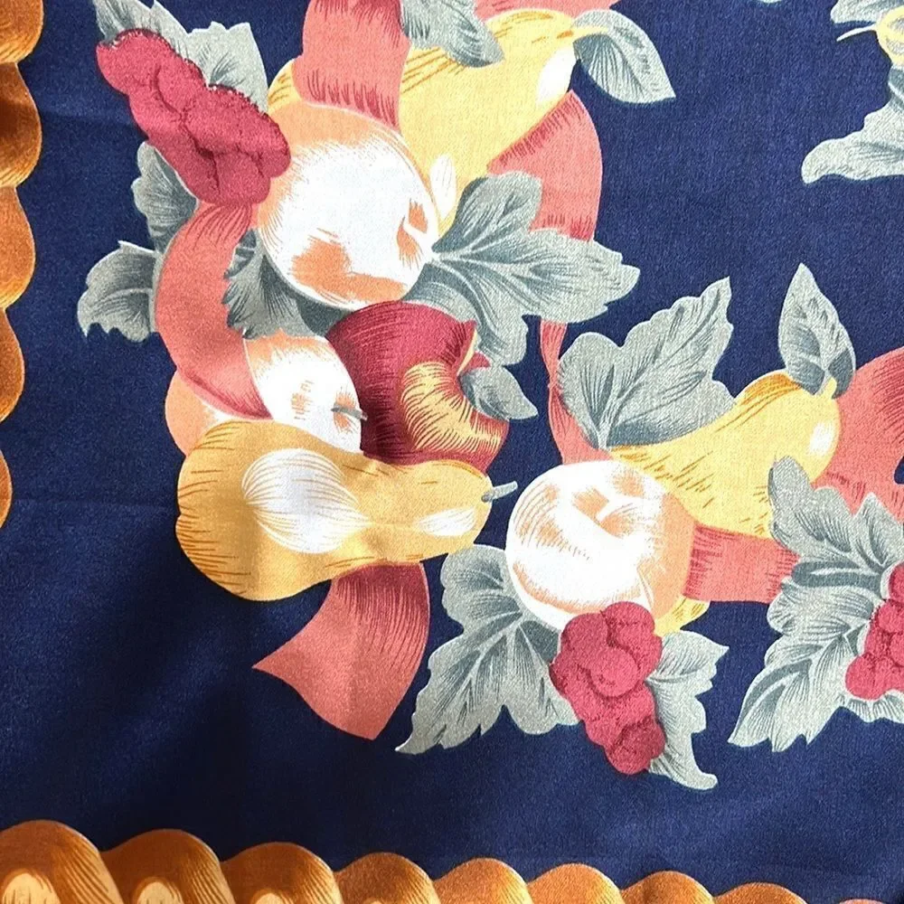 Silk Satin Navy Blue Square Scarf Fruits and Golden Leaves Print